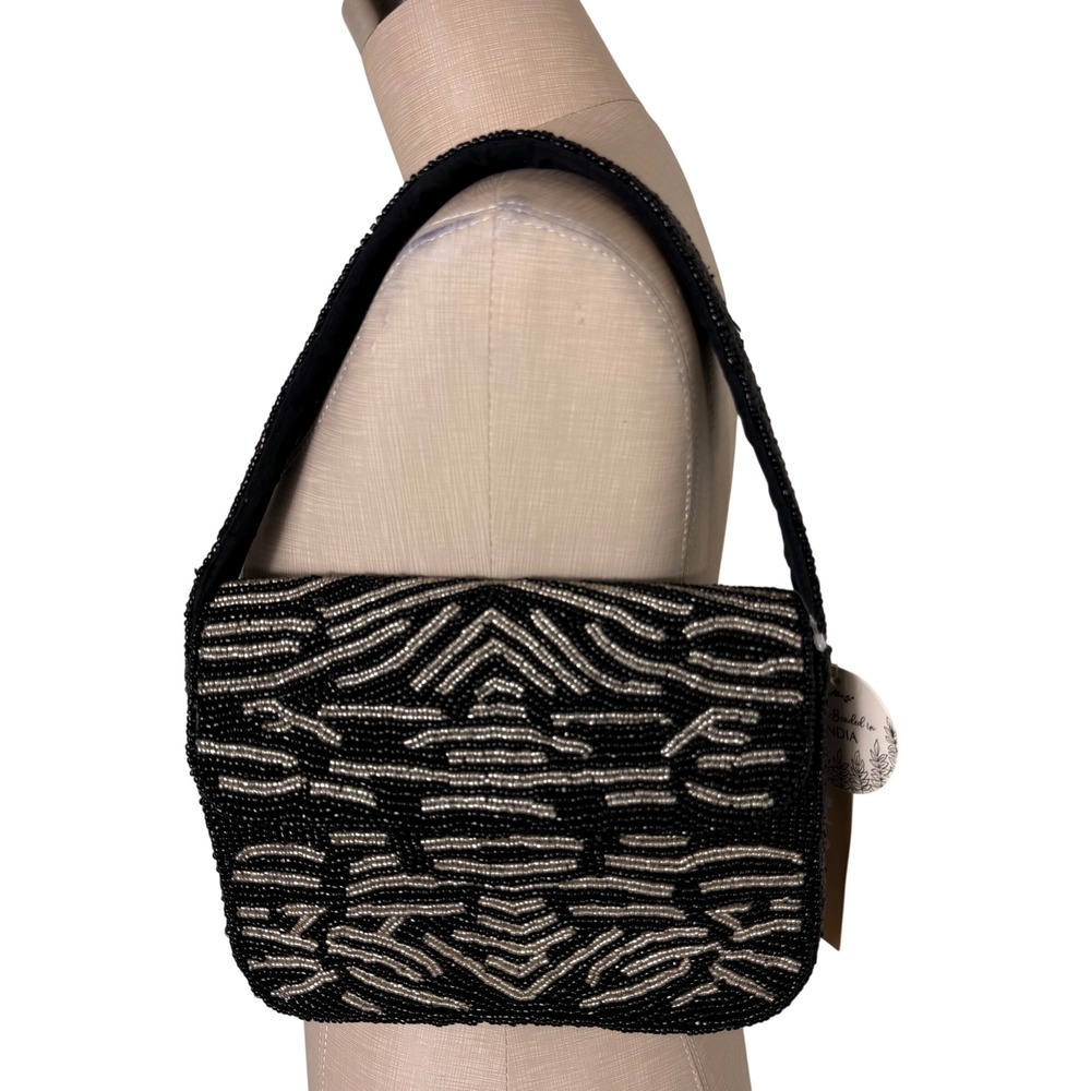 Handmade in India Black Gold Beaded Purse‎ Bag Handbag Statement NWT